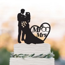 wedding photo -  Mr And Mrs Wedding Cake topper with rings and heart decor, Bride and groom silhouette funny wedding cake topper, Funny Wedding cake topper