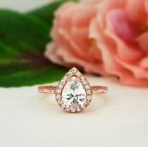wedding photo - 1.5 ctw Classic Pear Engagement Ring, Man Made Diamond Simulants, Halo Wedding Ring, Promise Ring, Sterling Silver, Rose Gold Plated