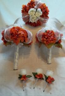 wedding photo - SALE Wedding bouquet silk rust color hydrangeas off white cream rose corsages 6 piece