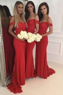 wedding photo -  Stylish Off Shoulder Mermaid Red Bridesmaid Dress with Lace Sequins
