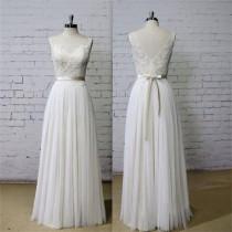 wedding photo - Long Aline Scoop V Back Lace Simple Pretty Beach Summer Tulle Wedding Dresses, WD0201