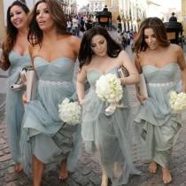 wedding photo -  Fashion Sweetheart Ruffles Tulle Grey Long Bridesmaid Dress With Rhinestones Belt