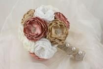 wedding photo - Fabric Bouquet, Wedding Bouquet, Fabric Flower White Cream Dusty Rose Beige, Vintage Satin Rhinestone Handmade