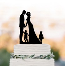 wedding photo -  Bride and groom Wedding Cake topper with child, cake topper wedding, silhouette wedding cake topper with boy and girl, family cake topper