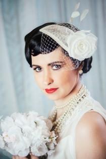 wedding photo - Cream Bridal Fascinator with Silk Rose and Birdcage Veil - White Bridal Teardrop Fascinator - Ivory Wedding Hat
