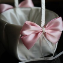 wedding photo -  Ivory and Pink Flower Girl Basket \ Ivory Satin Wedding Basket and Pink Bow \ Wedding Ceremony Pink Basket \ Flowergirl Petals Round Basket - $28.00 USD