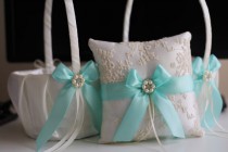wedding photo - Aqua Blue Ring Bearer and Wedding Basket Set  Light Blue Lace Wedding Ring Pillow and Flower Girl Basket  Aqua Bridal Ring Holder   Basket