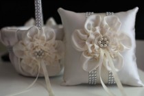 wedding photo - Ivory Wedding Flower Girl Basket   Ring bearer Pillow  Ivory Beige Ring Pillow with Brooch   Ivory Petals Basket with Rhinestone Trim