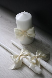 wedding photo - Ivory Wedding Candles Pillar and Stick, Ivory Unity Candles, Handmade Bow Unity Candle, Candles with Ribbon Bow