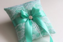 wedding photo -  Mint Ring Pillow \ Mint Wedding Ring Bearer Pillow \ Mint and White Ring Holder \ Wedding Ceremony Accessories \ White Lace Wedding Pillow