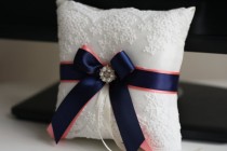 wedding photo -  Ring Bearer Pillow Navy Blue and Coral \ Navy Coral Ring Pillow   Flower Girl Basket \ Lace Ivory Wedding Ring Holder and Wedding Basket