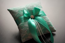 wedding photo -  Mint and White Bearer Pillow \ Mint Wedding Ring Holder \ White Lace Ring Bearer Pillow \ Ceremony Pillow \ Bridal Accessories \ Brooch - $28.00 USD
