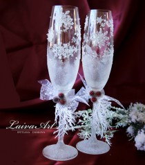 wedding photo -  Wedding Champagne Glasses Winter Wedding Christmas Wedding Holiday Wedding Champagne Flutes