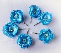 wedding photo -  Wedding Hair Pin Fabric Flower Bridal Accessories Blue Mint Set of 6