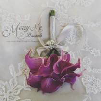 wedding photo - Purple Calla Lily Bouquet , Real Touch Lily Bouquet , Purple Bouquet , Purple and Silver Bouquet , Calla Lily Bouquet , Purple Grey Bouquet