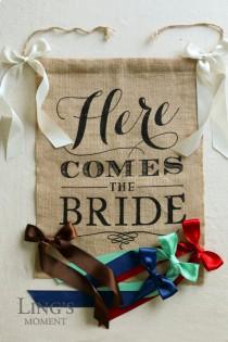 wedding photo - Here Comes The Bride Sign-Here Comes The Bride Banner-Ring Bearer Flower Girl Sign-15x20 inches Burlap Rustic Barn Wedding Sign SIJ4050HCB