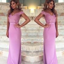 wedding photo -  Mermaid Prom/Evening Dress - Pink Off-the-Shoulder Sweep Train Lace