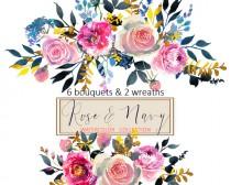 wedding photo -  Watercolor Flowers Digital Clipart PNG Bouquets Peonies Roses Floral Wedding Clip Art Set Coral Red Purple Indigo Invitation Logo Boarder