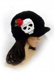wedding photo - Skull and Rose Crochet Newsboy Hat. Sugar Skull Beanie. Black or 43 colors. Teens and Women's Hat. Fashion Warm Autumn Fall Winter Accessory