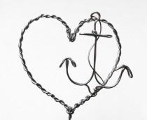 wedding photo - Nautical Anchor Beach Wedding Heart Cake Topper Silver or Gold Colored Wire