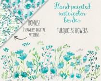 wedding photo - Watercolor floral border: hand painted turquoise flowers; wedding resources; watercolor clip art - digital download