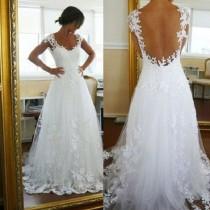 wedding photo - Elegant A-line Backless Sweetheart Neck Cap Sleeves Lace Appliqued White Tulle Wedding Dress