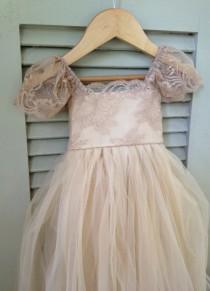 wedding photo - Beige RUE DEL SOL flower girl dress French lace and silk tulle dress for baby girl taupe princess dress beige tutu dress