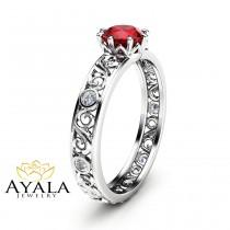 wedding photo - Natural Ruby Engagement Ring Unique  14K White Gold Ruby Ring Filigree Engagement Ring