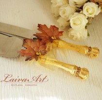 wedding photo -  Fall Leaves Thanksgiving Wedding Cake Server Set & Knife Gold Fall Wedding Cake Cutter