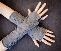wedding photo - Fingerless Gloves, Handmade Wrist Warmers, Adjustable Length Arm Warmers, Mitts, Weave Hand Warmers In Fleece By Grey Matter
