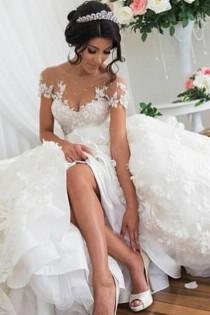 wedding photo -  Nectarean Illusion Jewel Short Sleeves Hi-Low Wedding Dress with Lace Patchwork