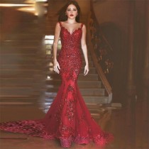 wedding photo -  Gorgeous Red Mermaid V-neck Sleevess Illusion Back Prom Dress with Beading Appliques from Tidetell
