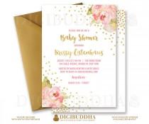 wedding photo - GLITTER & ROSES BABY Shower Invitation Printable Invite Gold Glitter Burst Sparkle Peony Peonies Baby Girl Free Shipping or DiY- Krissy