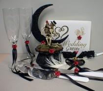 wedding photo - Day of the DEAD Halloween Wedding Cake Topper Funny LOT glasses, knife, guest, book, garter