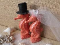 wedding photo - Wedding Cake Toppers Coral Ceramic Seahorse Tropical Beach Hawaii Destination Fall Orange Black Reception Decor