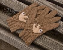 wedding photo - Hand knitted women gloves, sloth gloves, camel wool, sloth clothes, gloves with sloth, knit gloves, sloths, brown gloves, gift for women