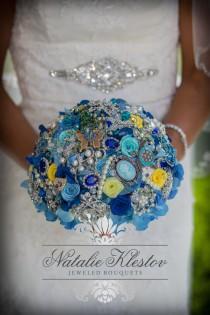 wedding photo - Yellow Blue Bridal Brooch Bouquet. Deposit on custom Beach Theme Wedding Bling Diamond Broach Bouquet. Seaside Summer Wedding.