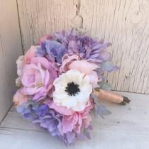 wedding photo - Pastel Silk Wedding Bouquet with Anemones, Peonies, Roses, Dahlia, Dusty Miller - Lilac, Pink & Lavender