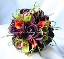 wedding photo - Wedding, Eggplant, plum, deep purple, green, orange bouquet, Real Touch flowers, roses, orchids, calla lilies, Bride, Groom silk wedding set
