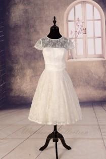 wedding photo - Sheer Lace Wedding Dress,Tea Length Wedding Dress, Garden Bridal Dress, Destination Wedding Gown