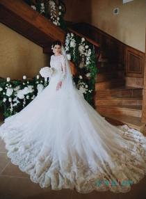 wedding photo -  Stunning illusion lace long sleeved floral cathedral big train wedding dress