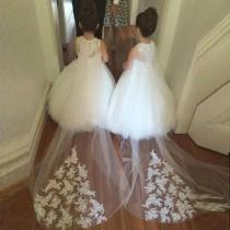 wedding photo -  Ball Gown White Flower Girl Dress with Lace Top Court Train
