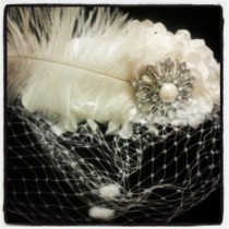 wedding photo - Ivory Bridal Flower Fascinator, Ivory Chenille Dot Birdcage veil, Burlesque Feather Hat, Off White Bridal Fascinator,  HBJ05