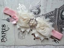 wedding photo - Ivory Flower Girl Headband, Ivory Pink Flower Girl Hair Accessory, Ivory Flower Girl Head Piece, Ivory Baby Wedding Headband, Head Wreath