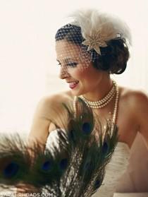 wedding photo - Ivory White Feather Fascinator with Birdcage Veil - Wedding Hair Accessory - Silver Headpiece - Crystal Bridal Accessory - Great Gatsby