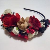 wedding photo - Flower Headband, Floral Headpiece, crown flower, Handmade headband, rose crown, Bridal flower crown, red flower crown, Three Snails