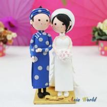 wedding photo - Vietnam Traditional beautiful Ao Dai Wedding cake topper clay doll, Engagement party decoration clay figurine, Bridal shower clay miniature