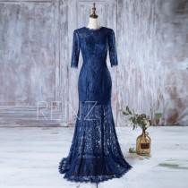 wedding photo - 2016 Navy Blue Bridesmaid Dress with 3/4 Quarter Sleeves, Long Wedding Dress with Slit, Lace Prom Dress, Mother Of Bride MOB Dress (HL143)