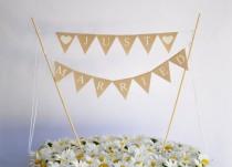 wedding photo - JUST MARRIED Cake Topper Traditional Bunting Banner wedding party garland neutral beige cotton Wedding Bridal Engagement Celebration Party