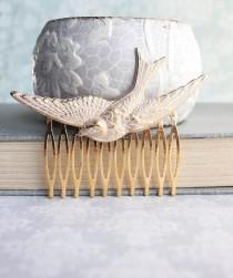 wedding photo - Shabby White Patina Bird Comb Gold Comb Flying Swallow Hair Accessory Feather Wing Woodland Wedding Raw Brass Bird Hair Clip Bridesmaid Gift